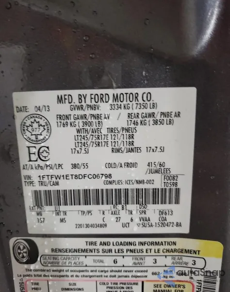 2013 Ford F150 Supercrew z USA, uszkodzony, nr VIN 1FTFW1ET8DFC06798